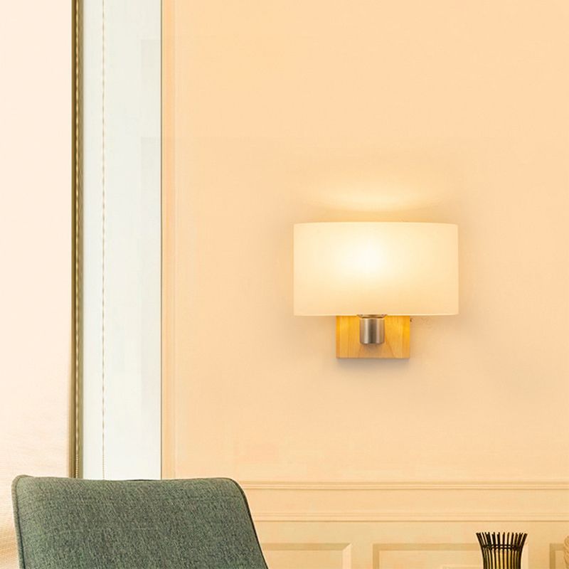 Rectangular Glass Shade Bedroom Wall Lamp Nordic Simplicity Single Bulb Sconce Light with Solid Wooden Base