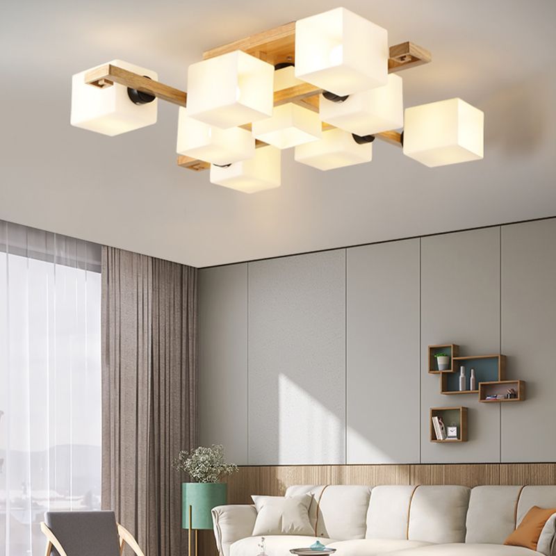 Square Shape Wood Flush Light Modern Style Multi Lights Flush Mount Fixture