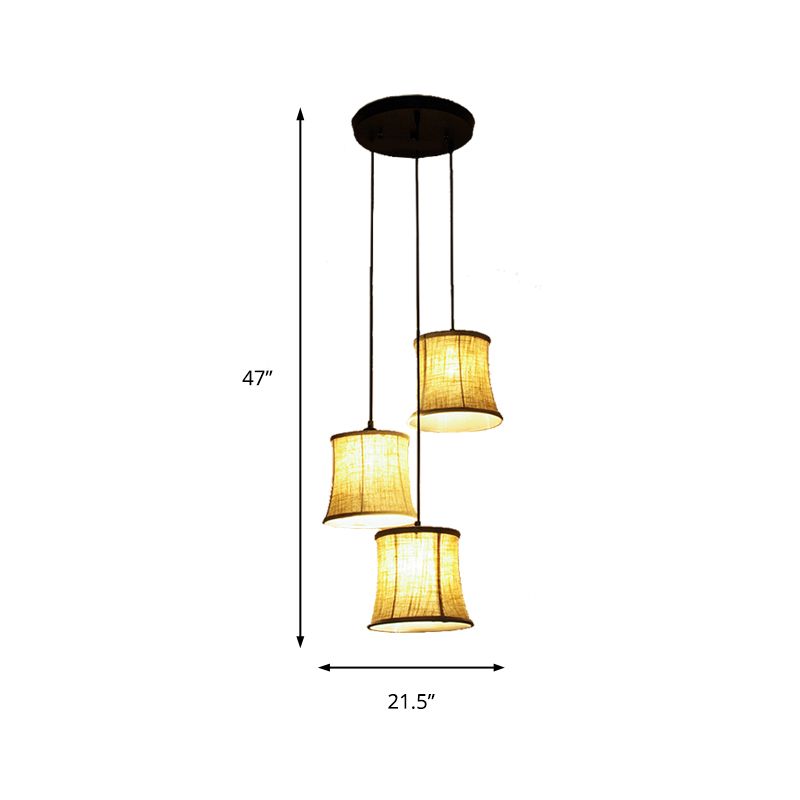 3 Lights Drum Cluster Pendant Classic Flaxen Fabric Ceiling Light with Round/Linear Canopy