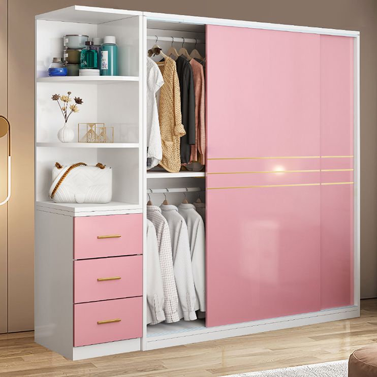 Pink Hanging Clothes Rack Wooden Wardrobe Armoire with Lower Storage Drawers