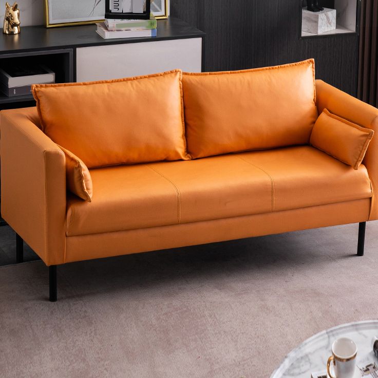 Scandinavian Faux Leather Sofa 29.52" High Tuxedo Arm Sofa with 2 Pillows
