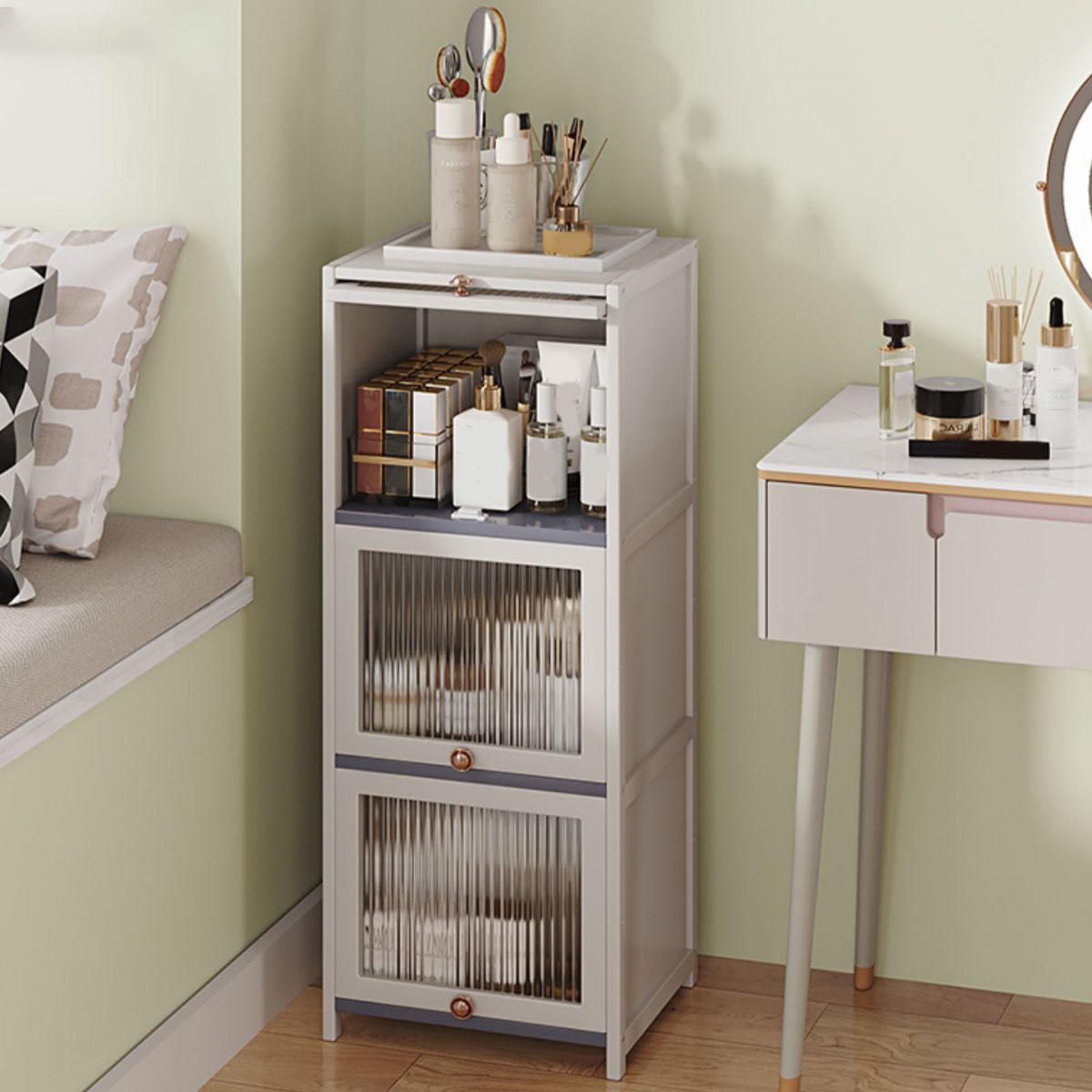 Mid-Century Modern Accent Cabinet Rectangle Storage Cabinet with Doors, White