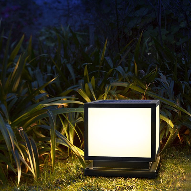 Square Shape Metal Outdoor Lamp Modern Style 1 Light Solar Pillar Lights in Black