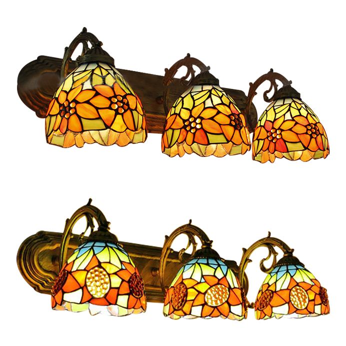 3 Heads Orange Vanity Lighting with Yellow Flower/Sunflower Pattern Lodge Tiffany Stained Glass Wall Lighting for Bathroom