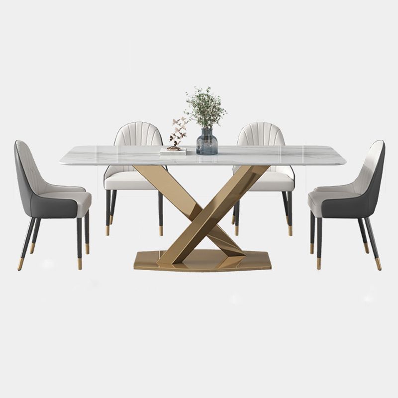 Modern Sintered Stone White Dining Set with Rectangle Table and Gold Legs Formal Dining Set