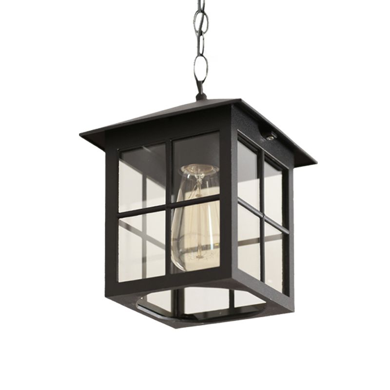 Cuboid Clear Glass Hanging Light Farmhouse 1 Bulb Courtyard Pendulum Lamp in Black/Bronze