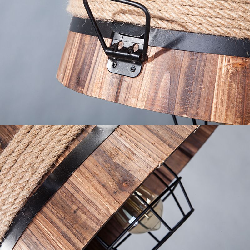 Wooden Bucket Shade Pendant Lighting One Light Rustic Stylish Hanging Lamp in Brown for Bar