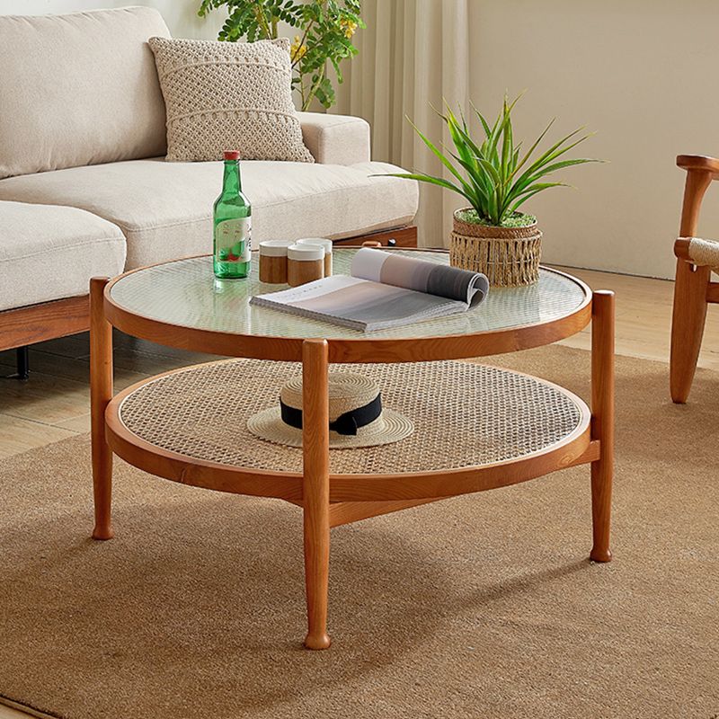 Tropical Round Cocktail Table Glass Top Coffee Cocktail Table with Shelf