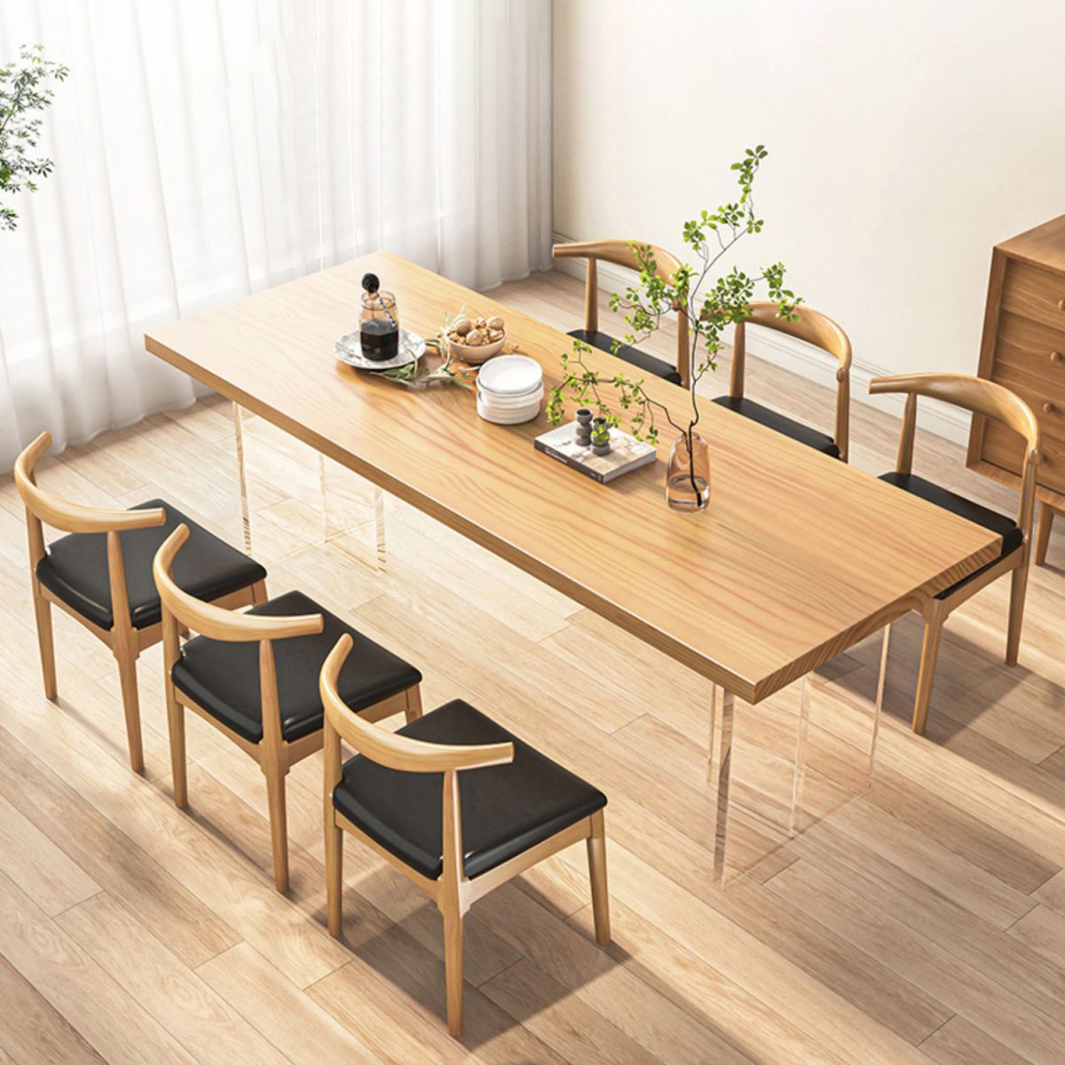 Modern Dining Table Set 1/5/7 Pcs Solid Wood Dining Table with Cow Horn Chairs