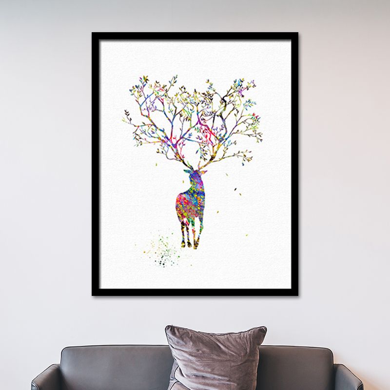 Watercolor Deer Painting Canvas Print Kids Textured Wall Art Decor in Purple on White