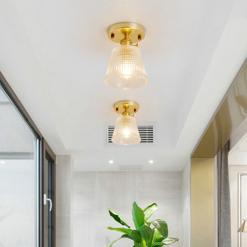Gold Tapered Semi Flush Mount Minimalist Prismatic Glass 1 Head Corridor Ceiling Mounted Light