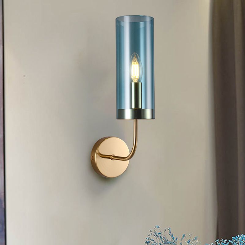1/2-Light Living Room Wall Mount Lamp Retro Brass Sconce Light Fixture with Champagne/Light Blue Cylindrical Glass Shade