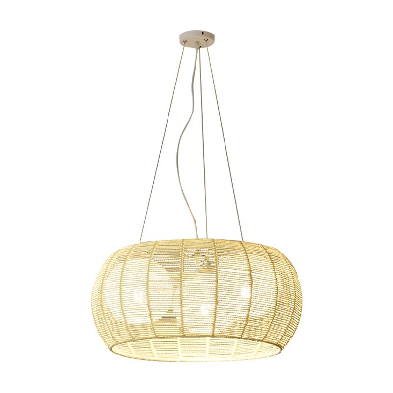 Bamboo Rattan Drum Pendant Chandelier Asian 3 Lights Hanging Ceiling Lamp in Beige for Restaurant