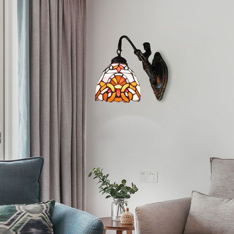 1 Light Bell Wall Lighting Victorian Tiffany Stained Glass Sconce Lighting with Mermaid