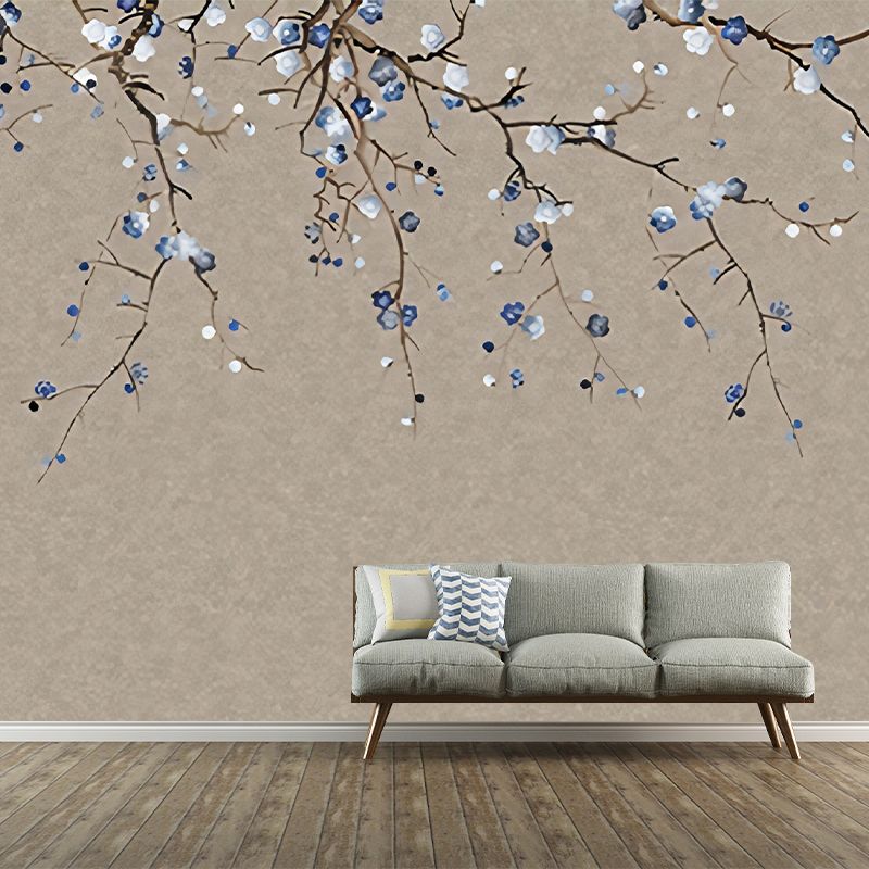 Oriental Blooming Plum Wall Murals for Living Room Custom Wall Covering in Pastel Color