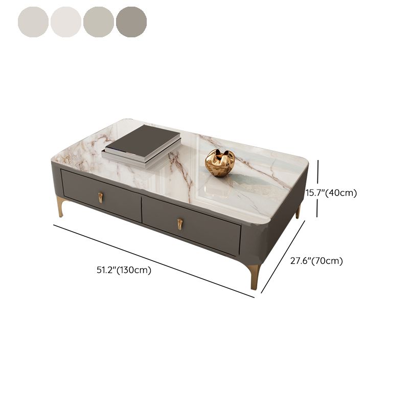 Glam Rectangle Stone Coffee Table Single 4 Legs Coffee Table with Storage Drawers