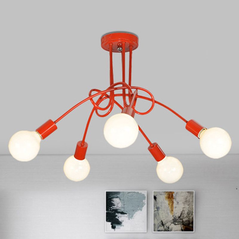 Curved Arm Semi Flush Lighting Contemporary Metal 3/5 Lights Blue/Red Semi Flush Ceiling Lamp Fixture