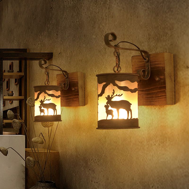 1 Bulb Porch Wall Mounted Lamp Country Rust Sconce Light Fixture with Cylinder Fabric Shade