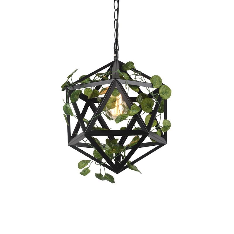 Metal Geometric Pendulum Light Industrial 1 Bulb Restaurant Ceiling Pendant in Black with Fake Vine
