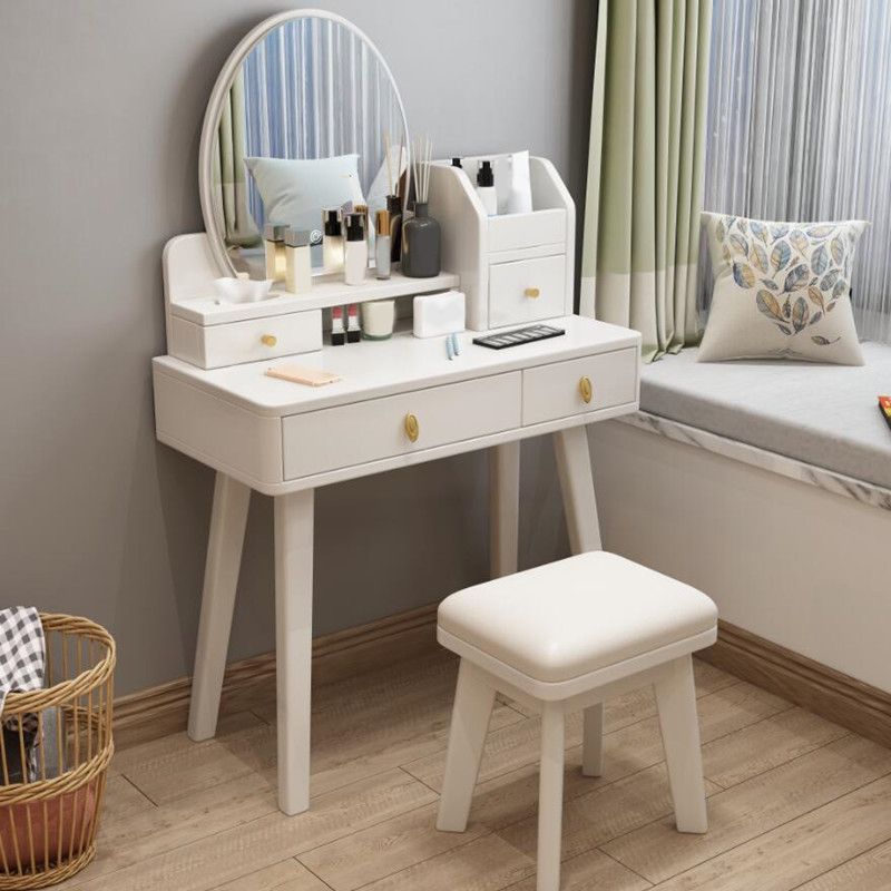 4 Drawer & Mirror Wood Vanity Desk Jewelry Makeup Dressing Table Set