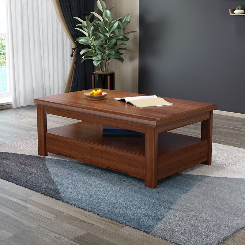 Solid Wood Coffee Table Scandinavian 4 Legs Cocktail Table with Storage Shelf