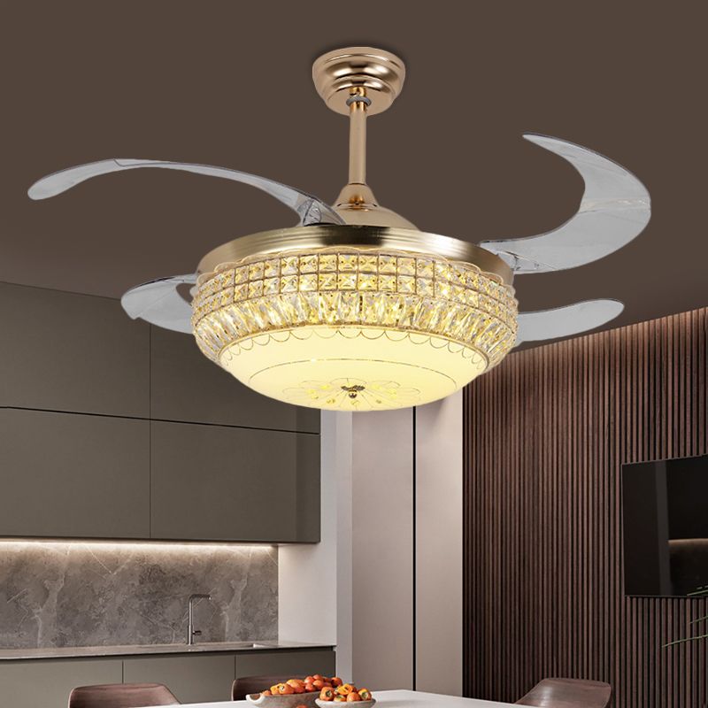 19 "W Dome Wohnzimmer Hanges Lüfter Leichte Acryl -LED minimalistische Halbflush mit Kristall -Deco in Gold, 4 Klingen