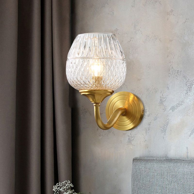 1 Light Wall Lighting Traditional Indoor Wall Sconce Lamp with Cup Shape Clear Latticed Glass Shade in Brass