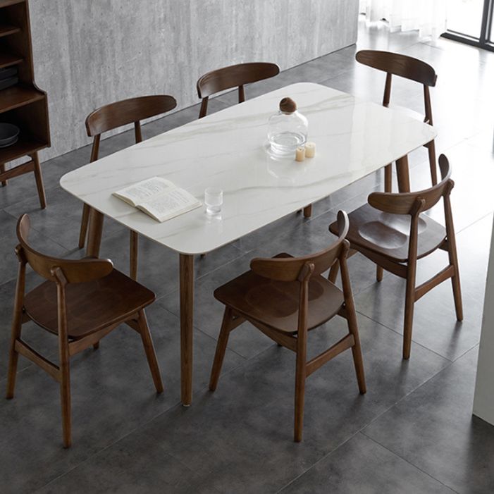 Stone Top Table Mid-Century Modern Dining Table with 4 Brown Wood Legs