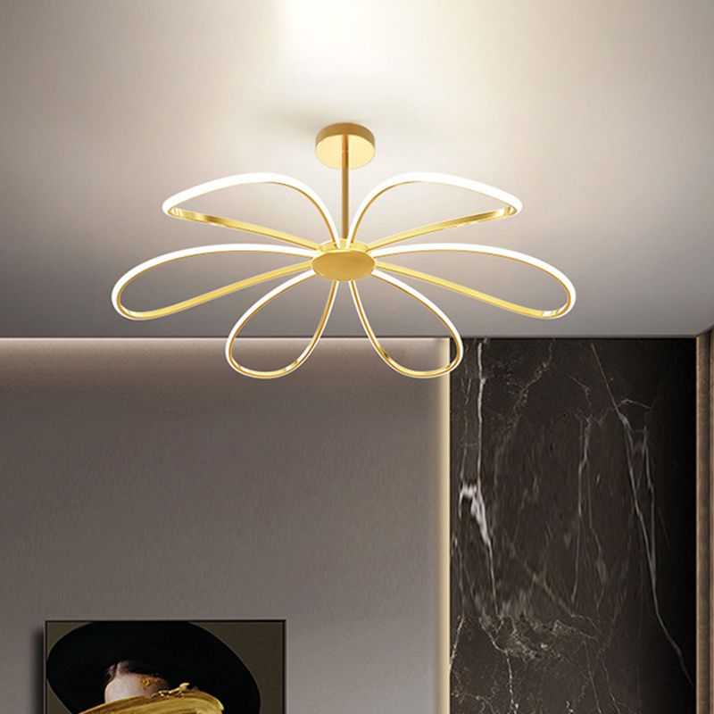 Flower Chandelier Light Fixture Simple Metal Living Room LED Hanging Light Kit in Gold