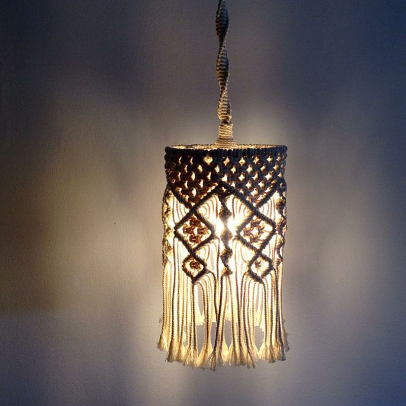 Wit geweven franje druppel hanger klassiek hennep touw 1 lamp woonkamer hangend plafondlicht