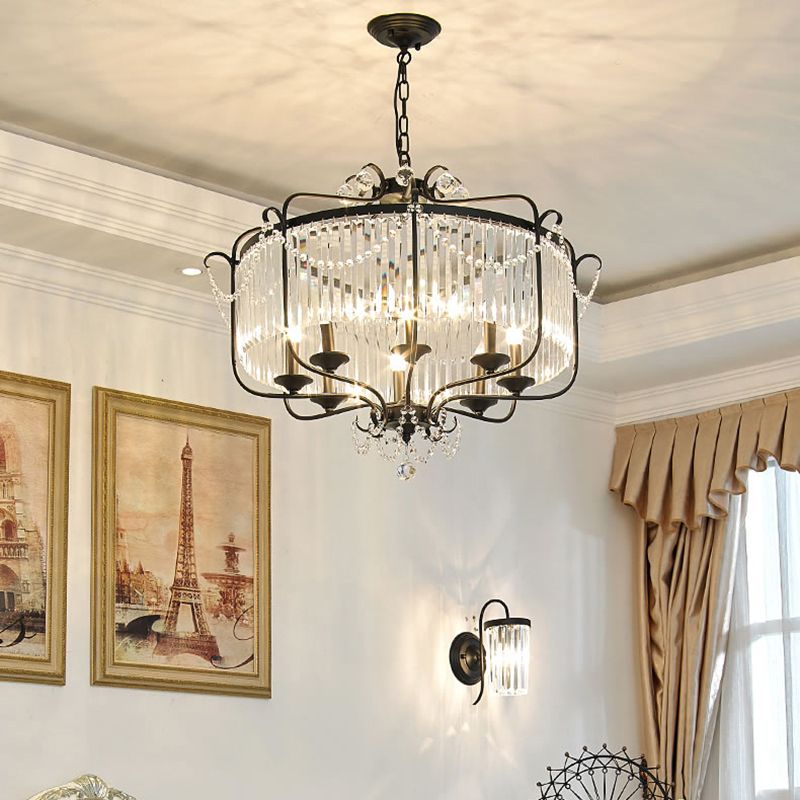 Candle Ceiling Chandelier Retro Prismatic Crystal Hanging Lamp with Scroll Frame