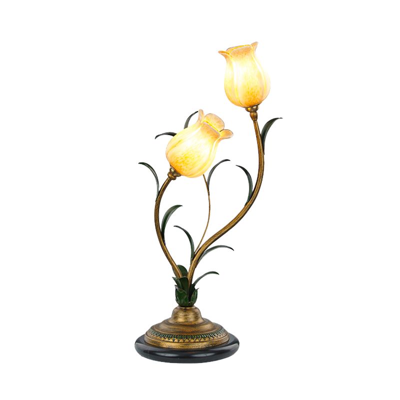Lámpara de mesa de flor de campo 2 luces blanca/amarilla de vidrio nocturno en latón para sala de estar