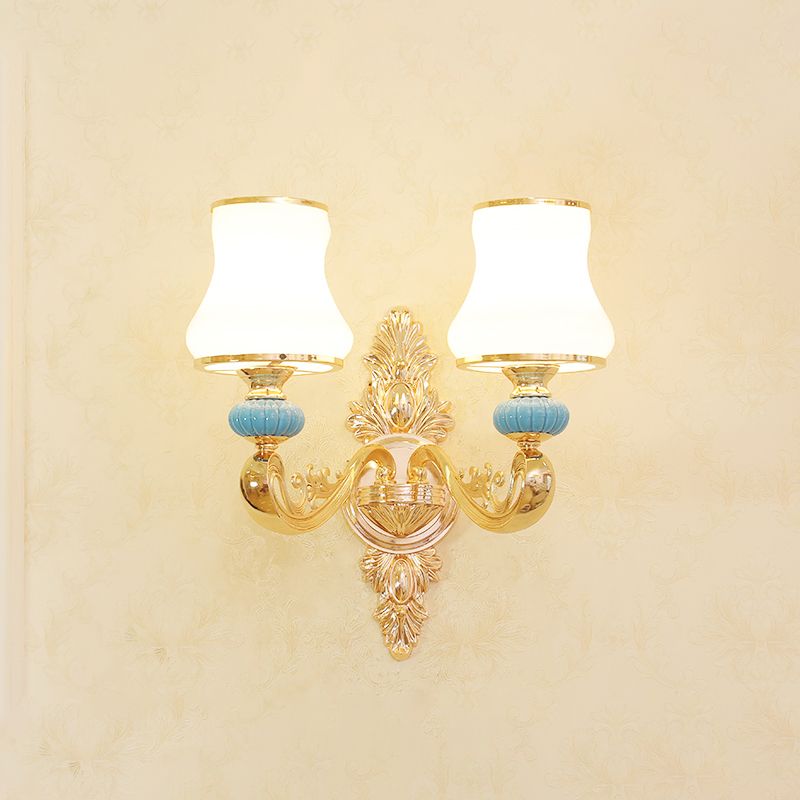 Gold Shaded Wall Lighting Simplicity Opal Glass Corridor Wall Light Fixture with Curved Arm