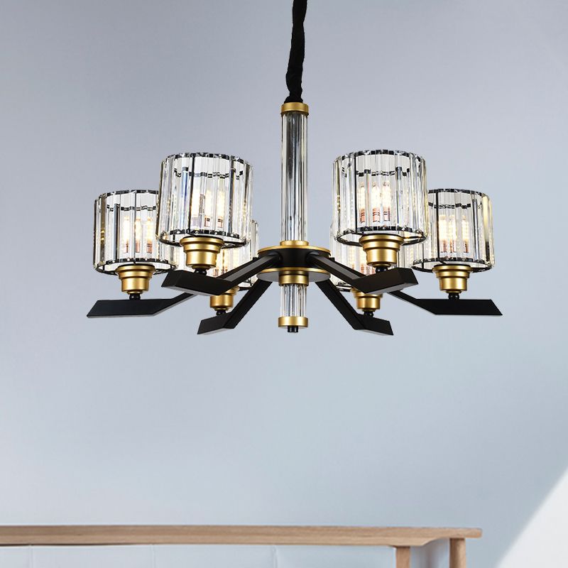 Tri-Sided Crystal Rod Cylinder Pendant Lighting Contemporary 6/8 Heads Black Hanging Chandelier