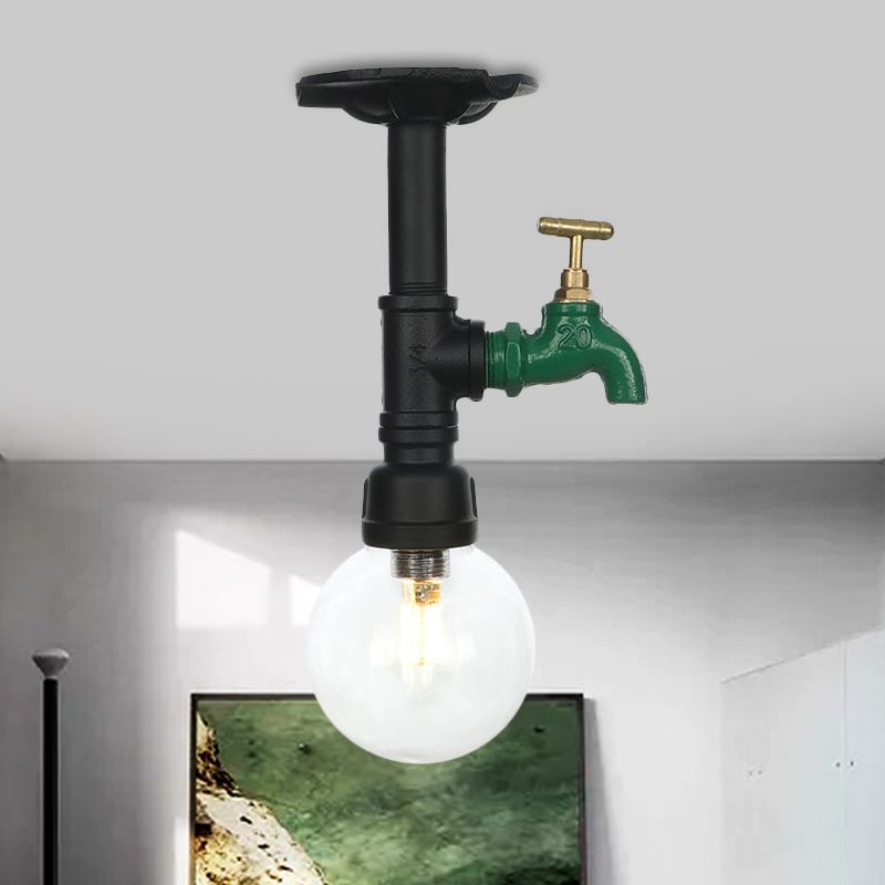 Orb Clear Glass Semi Flush Lighting Industrial 1 Bulb Restaurant Ceiling Mounted Fixture in Black