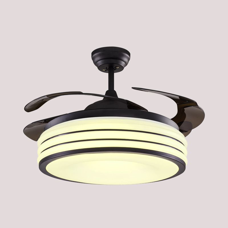 Schwarz/Silber -Drum Semi Flush Light Modernes Metallic Wohnzimmer 42 "W LED Deckenlüftungsleuchte mit Wand/Fernbedienung, 4 Klingen