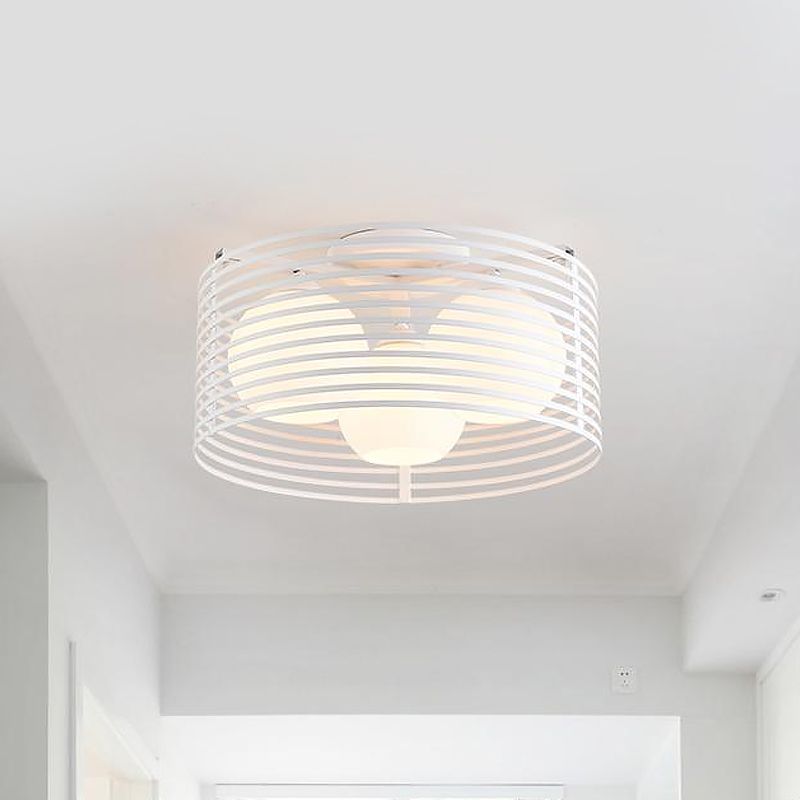 Luz de techo empotrada contemporánea de 3 cabezales con cúpula de vidrio abierta y jaula de tambor en blanco y negro