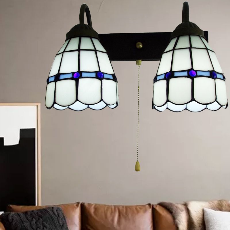 1 Head Sconce Light Tiffany Grid Patterned White Glass Wall Mounted Light with Pull Chain