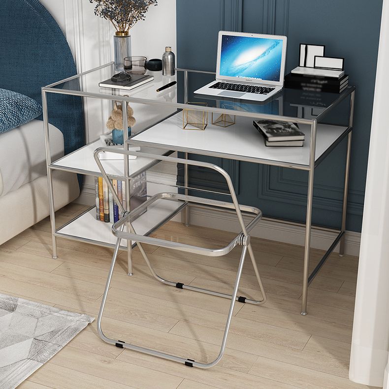 Glass Rectangular Writing Desk Contemporary Style Office Desk with Storage Shelves