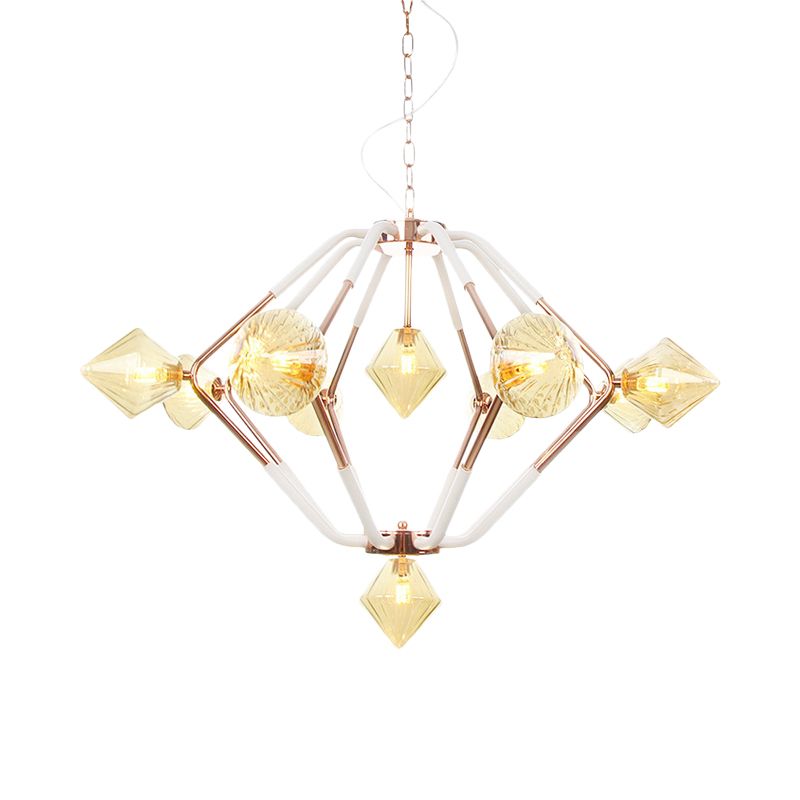10 Lights Bedroom Chandelier Lighting Modern Rose Gold LED Hanging Ceiling Lamp with Diamond Amber Glass Shade