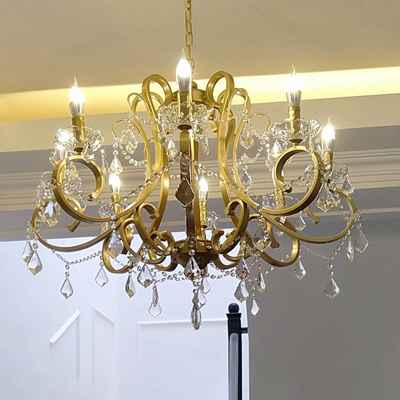 Kristal draperen kroonluchter verlichting rustieke goud scrollende arm eetkamer hanger met kristalval