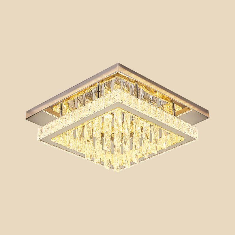 Cadre carré Clear Crystal Flush Mount Modernist Bedroom Ceiling Lighting in Chrome with Waterfall Design