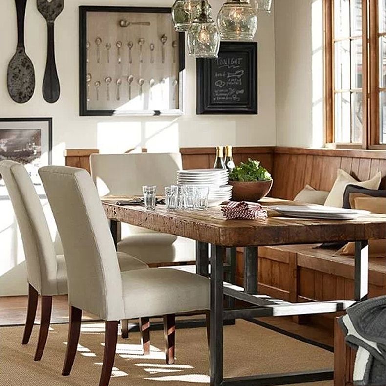 Contemporary Brown Kitchen Dining Table Rectangle Solid Wood Dining Table with Trestle Base