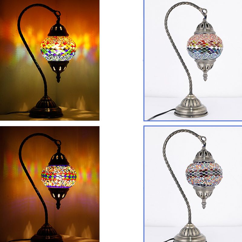 Asian Lantern Nightstand Light 1 Bulb Hand Cut Glass Night Lamp with Gooseneck Arm for Drawing Room