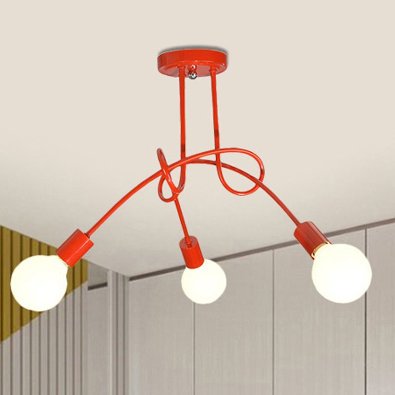 Curved Arm Semi Flush Lighting Contemporary Metal 3/5 Lights Blue/Red Semi Flush Ceiling Lamp Fixture