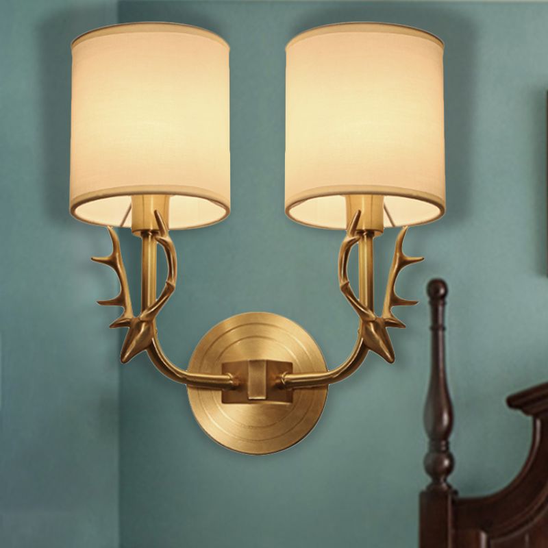 Modernism 1/2 Lights Wall Sconce with Fabric Shade Black/Gold Cylinder Wall Mount Light Fixture with Metal Antler