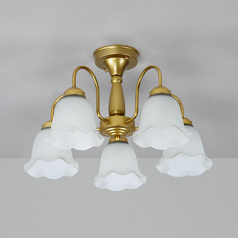 Traditional Flower Ceiling Lamp Frosted Glass Semi Flush Mount Light for Dining Room