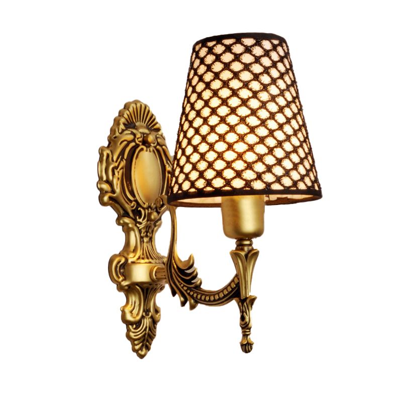 Gold Cone Wall Mount Light Traditional Metal 1/2-Light Living Room Carved Sconce Light with Lattice Fabric Shade