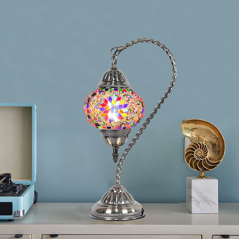 1 Bulb Night Lamp Mediterranean Teardrop Shaped Purple/Yellow and Red/Red Brown Stained Glass Nightstand Light with Gooseneck Arm