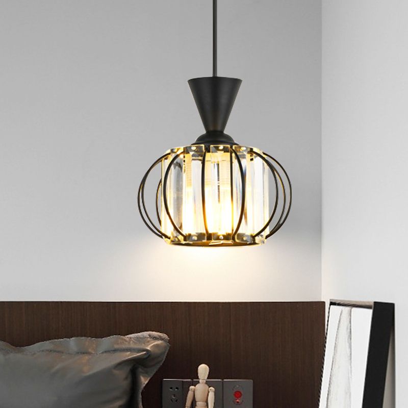 Zeitgenössische Laterne -Hanglampen -Kit Metallic 1 Glühbirnenschlafzimmer -Anhänger Licht mit innerer Drumkristallschatten in Schwarz/Gold